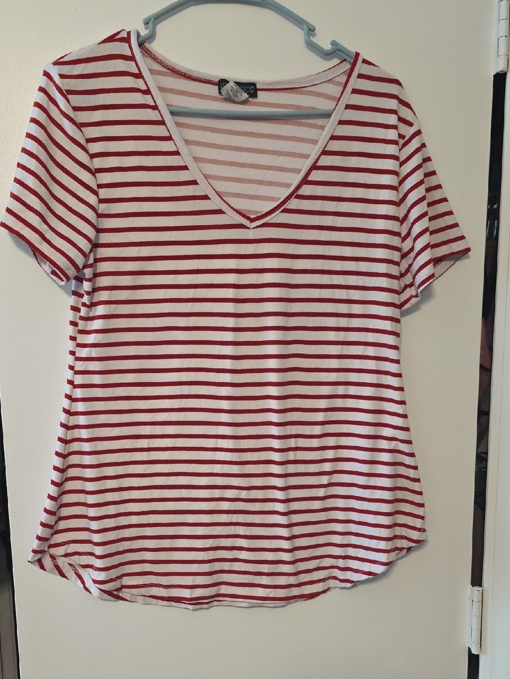 Casual Red & White Striped V-Neck Tee